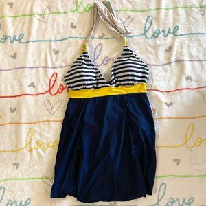 Blue White Yellow Stripe Nautical Swim Dress Bathing Suit Womans sz Medium